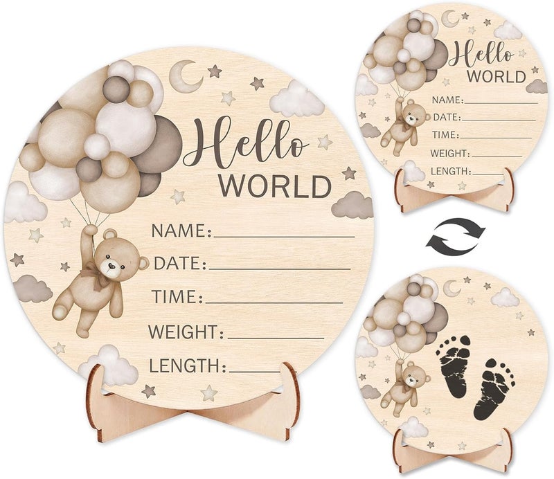 Andrain Double-Sided Wooden Newborn Birth Sign, Brown Bear Baby Announcement Sign, Bear Hello World Name for Hospital, Gift for New Mom Baby Shower, Photography Prop - Image 1
